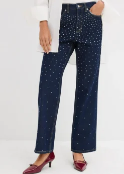 bonprix bonprix Vaqueros straight, mid waist, con piedras brillantes denim intenso Online