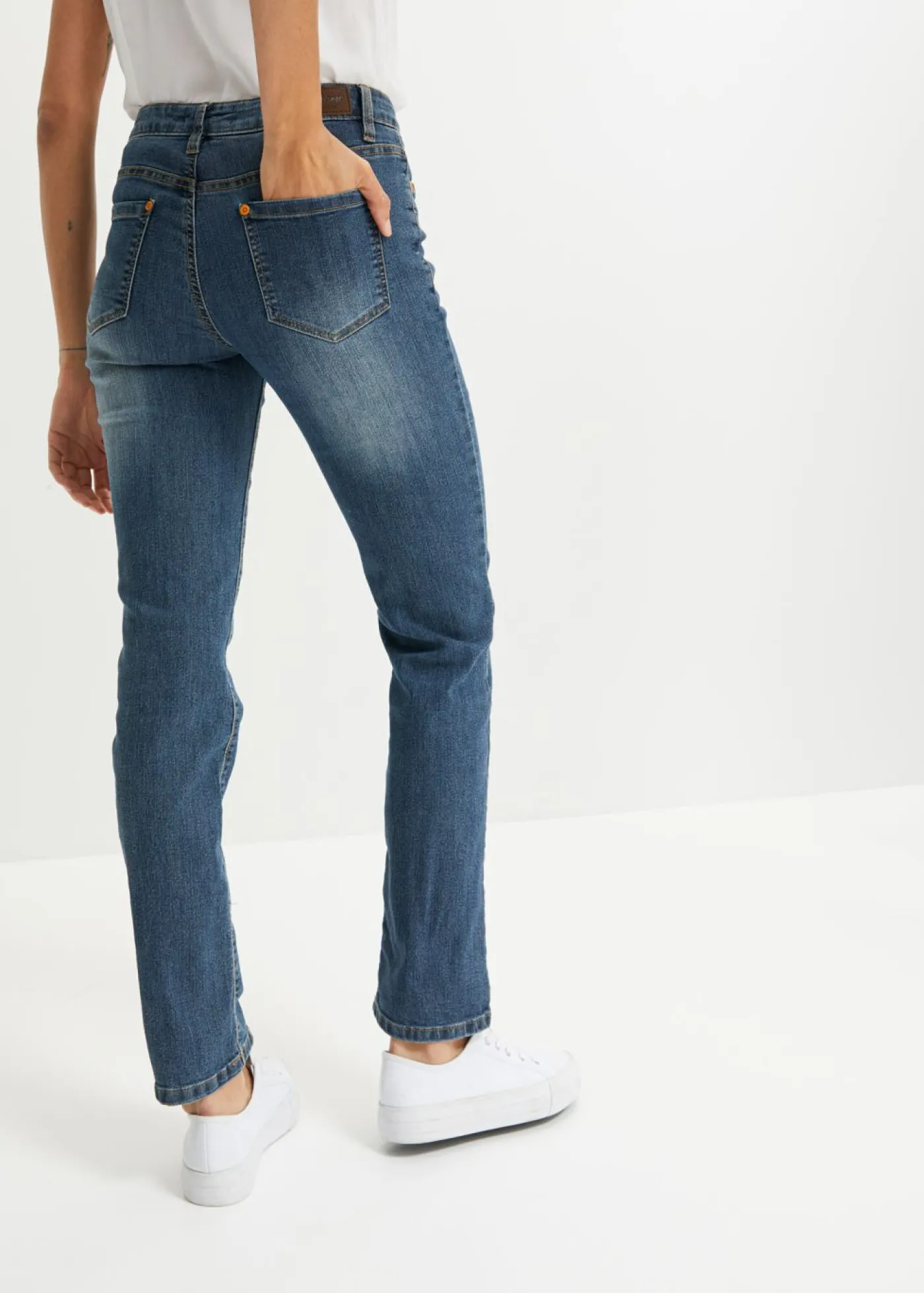bonprix bonprix Vaqueros straight, mid waist, elásticos Azul marino desgastado Clearance