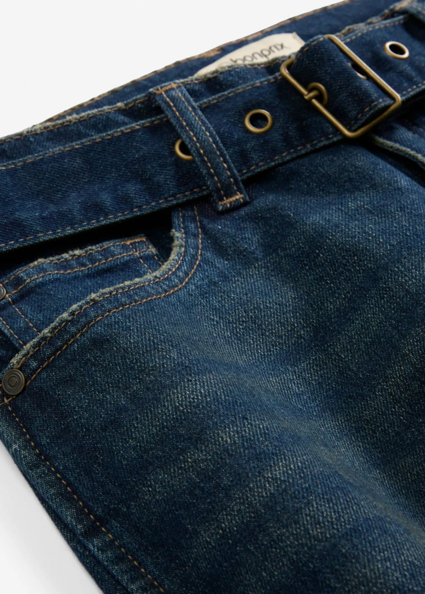 bonprix bonprix Vaqueros tipo barrel de talle medio con cinturón Denim oscuro desgastado Discount