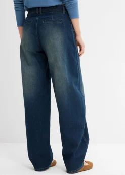 bonprix bonprix Vaqueros tipo barrel de talle medio con cinturón Denim oscuro desgastado Discount