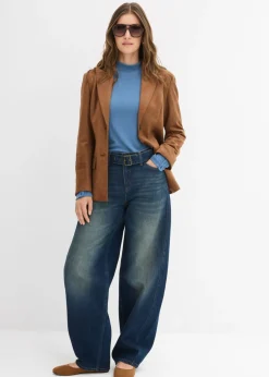 bonprix bonprix Vaqueros tipo barrel de talle medio con cinturón Denim oscuro desgastado Discount