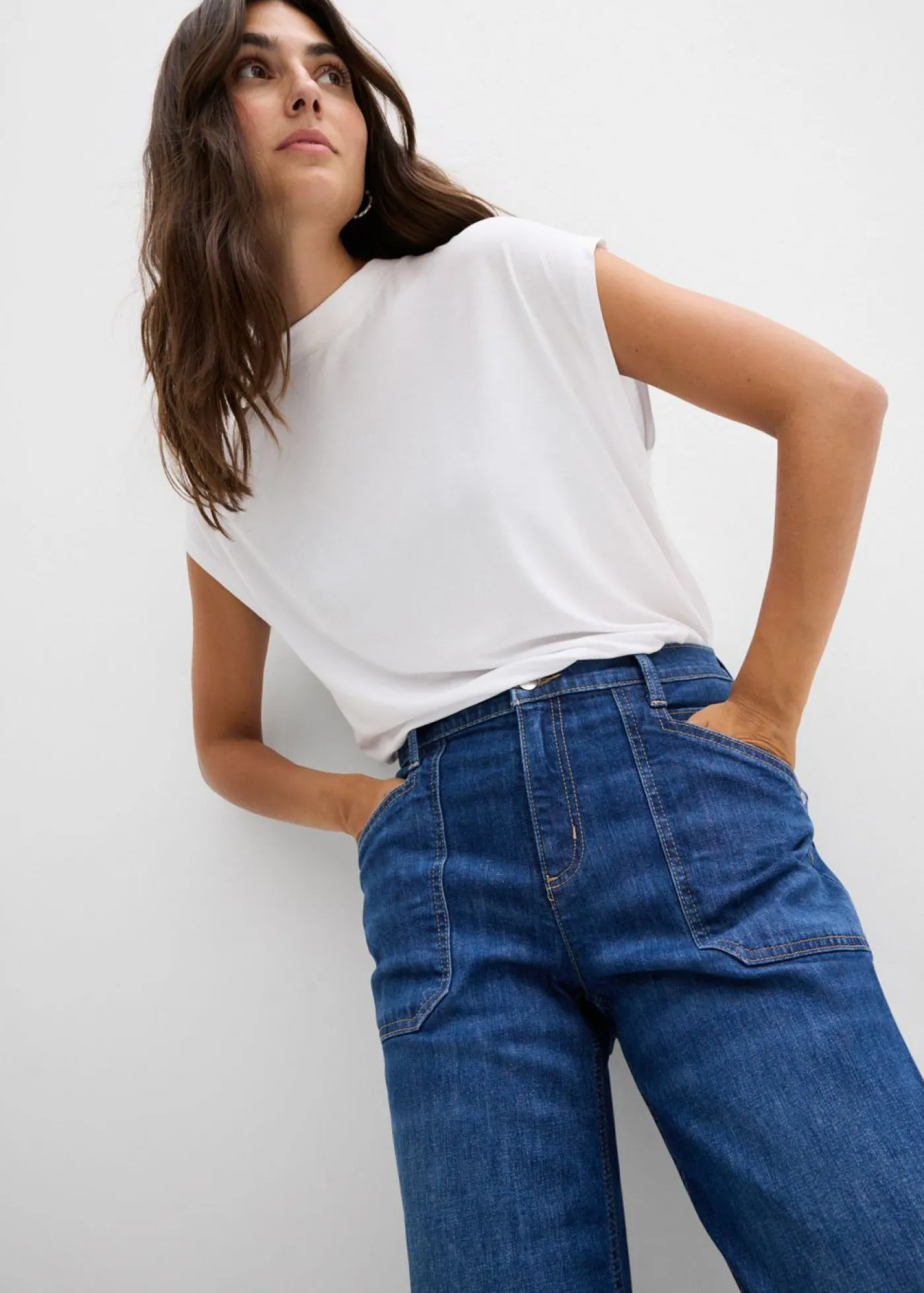 bonprix bonprix Vaqueros wide leg, mid waist, con bolsillos Azul piedra Discount