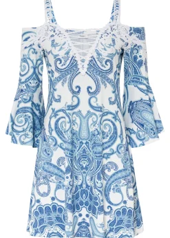 bonprix bonprix Vestido acampanado con escote bañera Azul con patrón Paisley