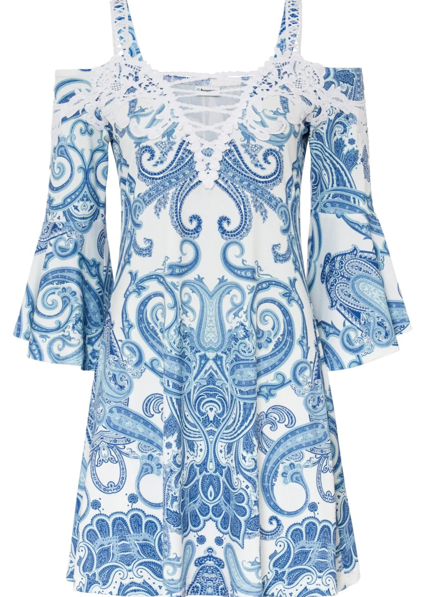 bonprix bonprix Vestido acampanado con escote bañera Azul con patrón Paisley