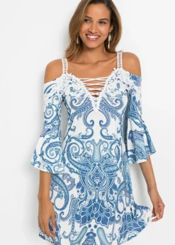 bonprix bonprix Vestido acampanado con escote bañera Azul con patrón Paisley