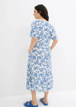 bonprix bonprix Vestido ancho de viscosa arrugada blanco/azul/azul marino Clearance