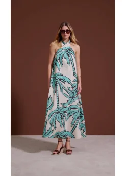 bonprix bonprix Vestido anudado al cuello con corte en A crudo-marrón oscuro-azul mentol Best