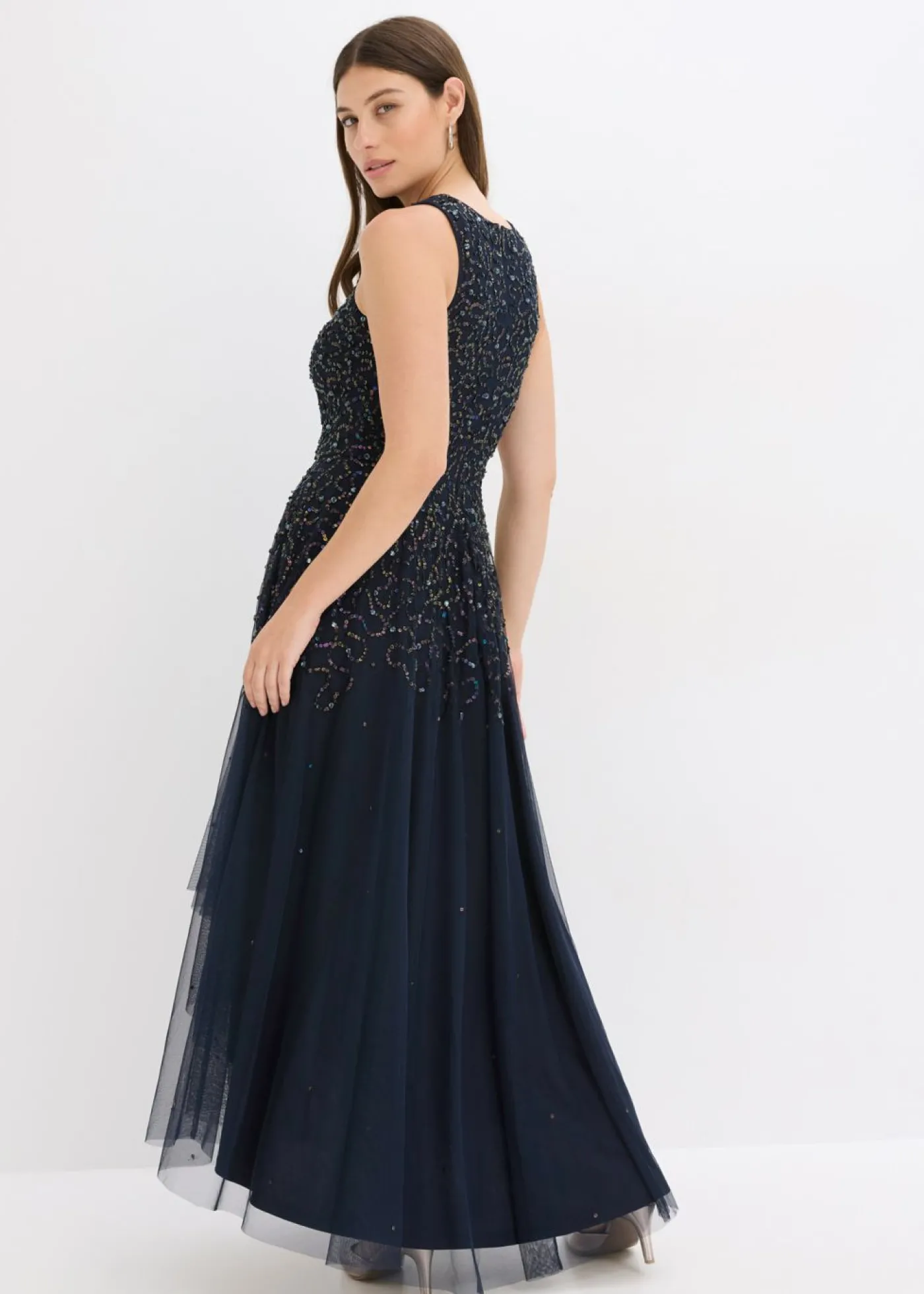 bonprix bonprix Vestido asimétrico con bordado de lentejuelas Azul marino Discount