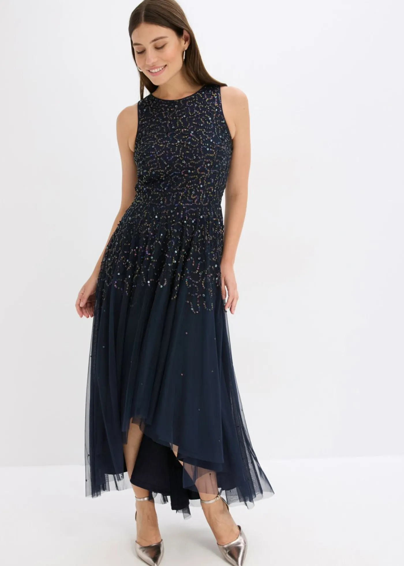 bonprix bonprix Vestido asimétrico con bordado de lentejuelas Azul marino Discount