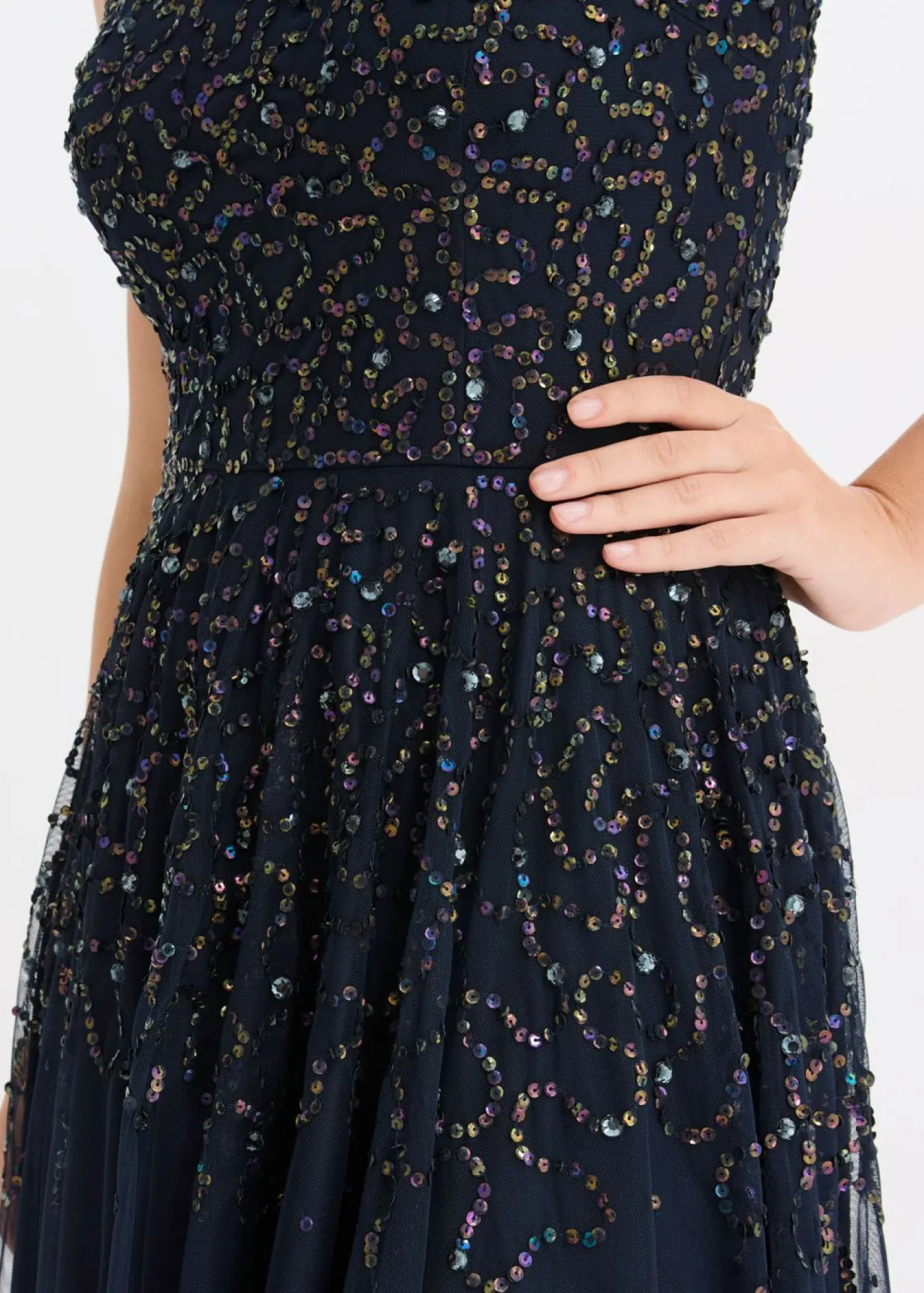 bonprix bonprix Vestido asimétrico con bordado de lentejuelas Azul marino Discount