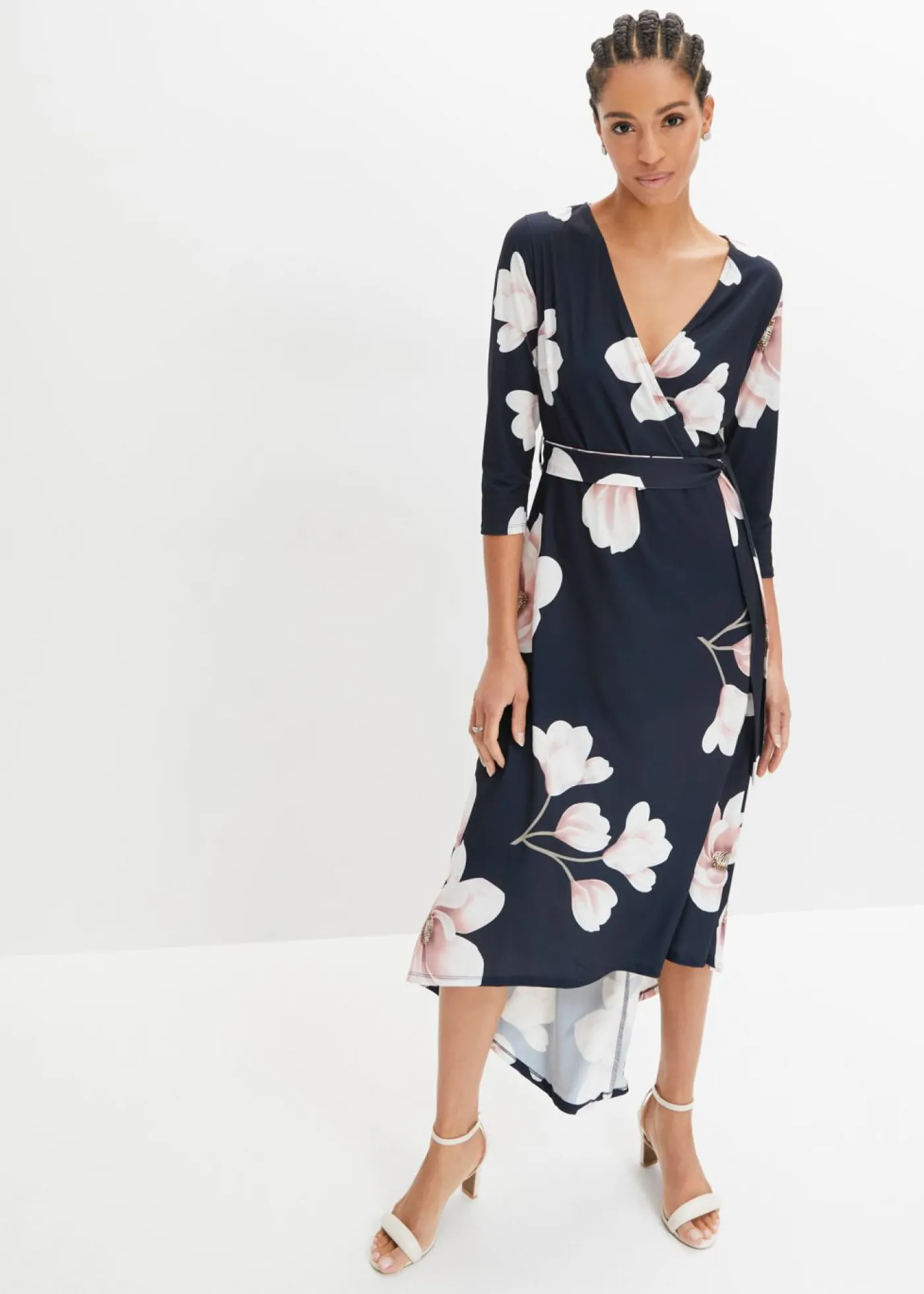 bonprix bonprix Vestido asimétrico de punto con cordón Azul marino-rosa de flores Discount