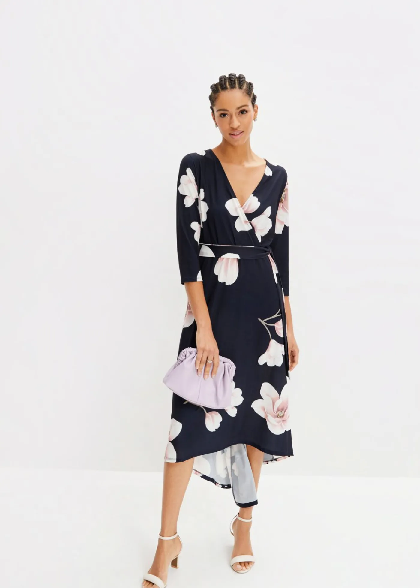 bonprix bonprix Vestido asimétrico de punto con cordón Azul marino-rosa de flores Discount