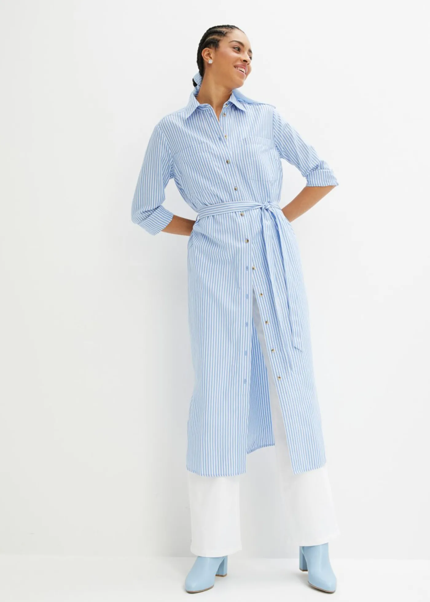 bonprix bonprix Vestido camisero a rayas con cordón azul provenzal-blanco con rayas