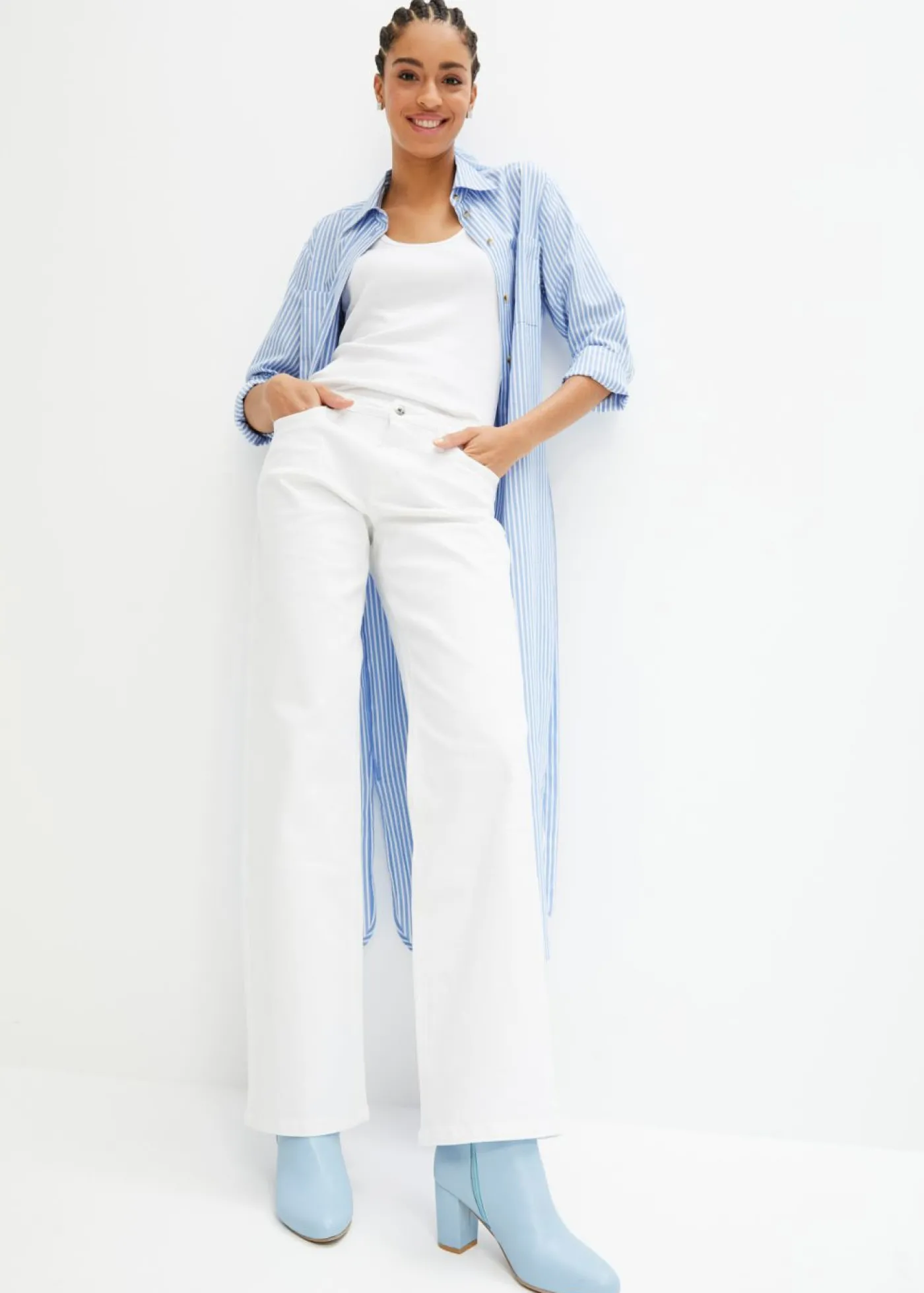 bonprix bonprix Vestido camisero a rayas con cordón azul provenzal-blanco con rayas