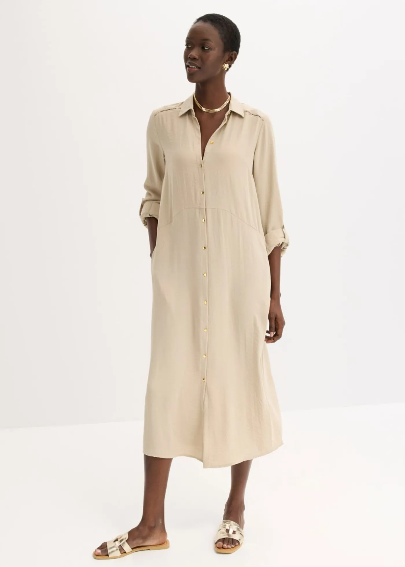 bonprix bonprix Vestido camisero con encaje en escalera Arena Sale