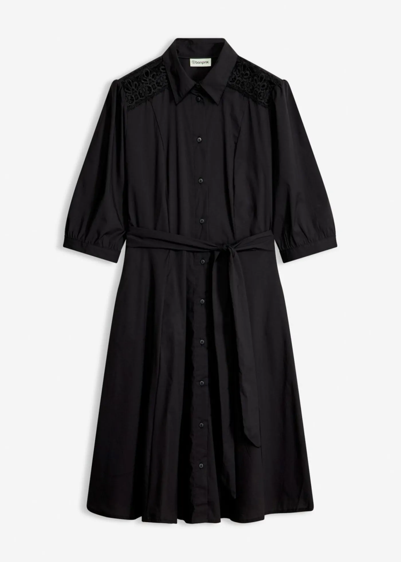 bonprix bonprix Vestido camisero con encaje y cordón Negro Outlet