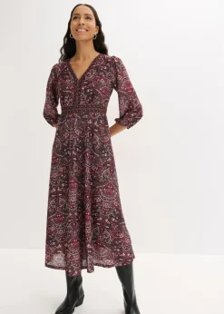 bonprix bonprix Vestido camisero con escote en V Negro-baya Online