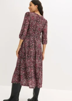 bonprix bonprix Vestido camisero con escote en V Negro-baya Online