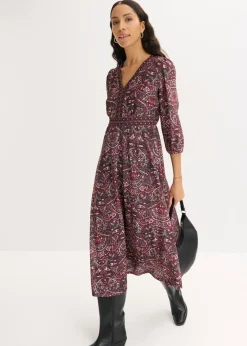 bonprix bonprix Vestido camisero con escote en V Negro-baya Online