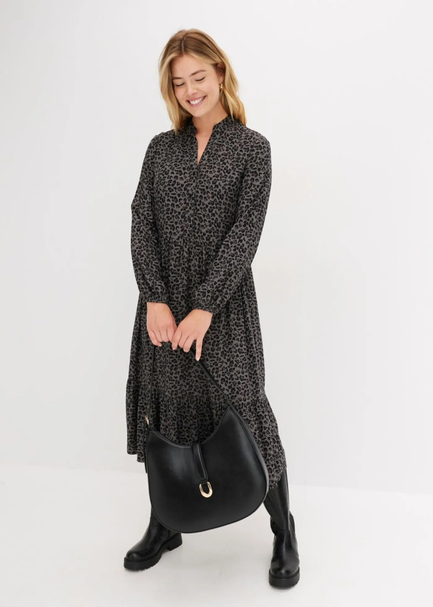 bonprix bonprix Vestido camisero con estampado de leopardo estampado leo gris ahumado/pizarra/negro