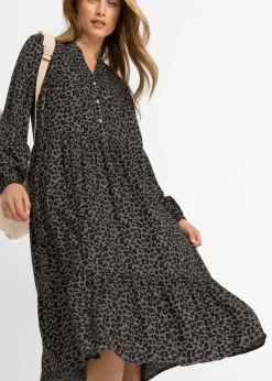 bonprix bonprix Vestido camisero con estampado de leopardo estampado leo gris ahumado/pizarra/negro