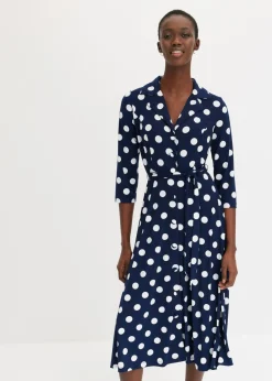 bonprix bonprix Vestido camisero con lazo (2 piezas) azul marino / blanco topos Hot