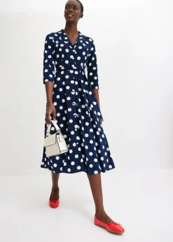 bonprix bonprix Vestido camisero con lazo (2 piezas) azul marino / blanco topos Hot