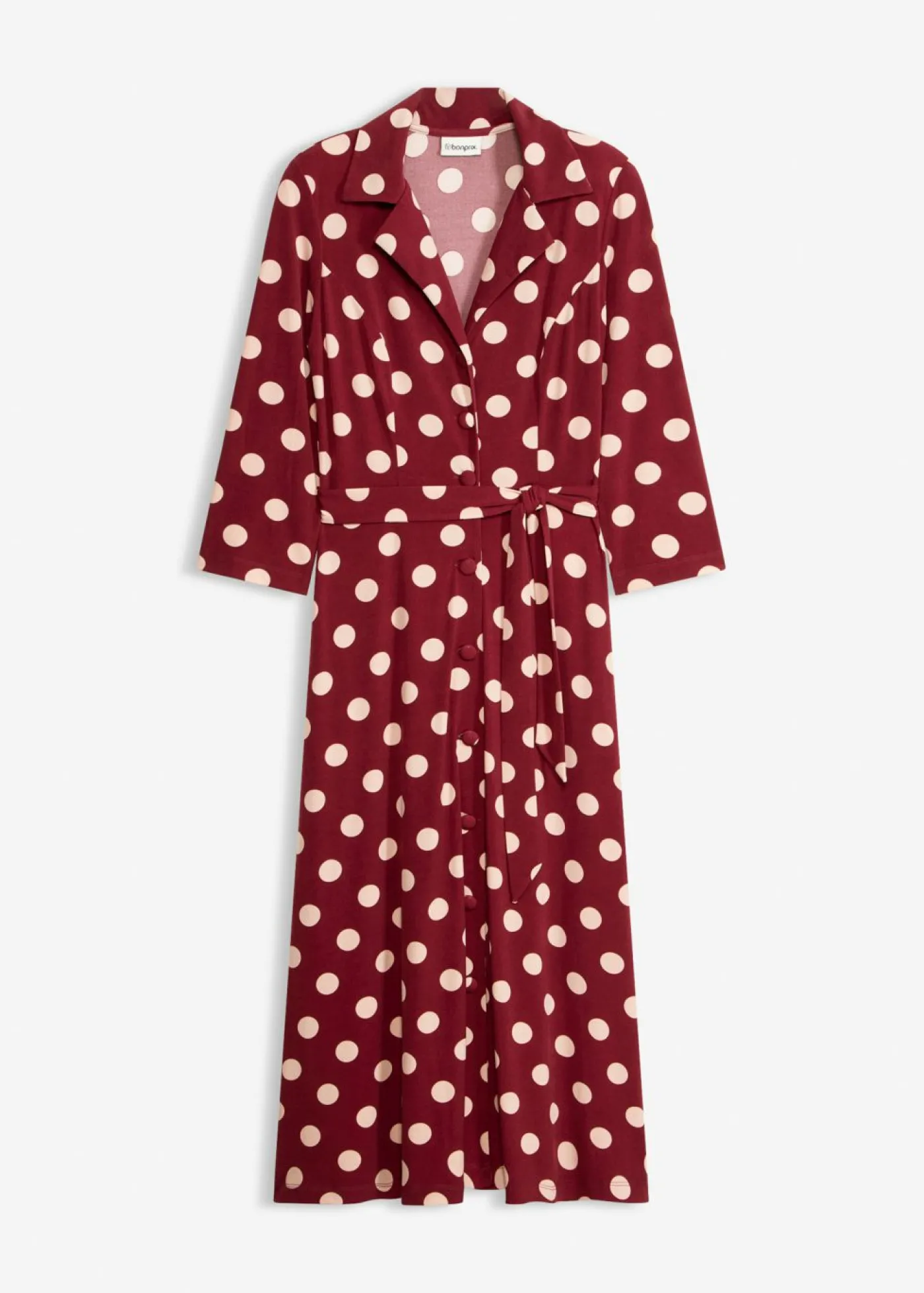 bonprix bonprix Vestido camisero con lazo (2 piezas) Rojo rubí/beige mate de lunares Sale