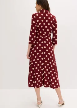 bonprix bonprix Vestido camisero con lazo (2 piezas) Rojo rubí/beige mate de lunares Sale