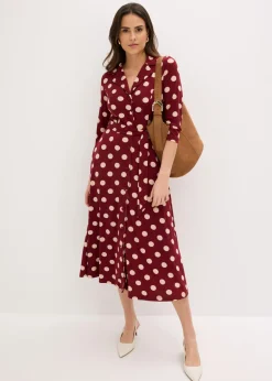 bonprix bonprix Vestido camisero con lazo (2 piezas) Rojo rubí/beige mate de lunares Sale