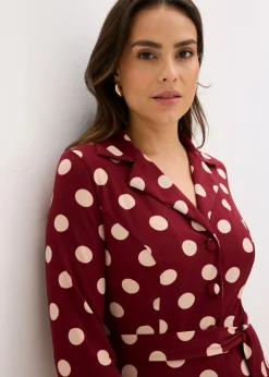 bonprix bonprix Vestido camisero con lazo (2 piezas) Rojo rubí/beige mate de lunares Sale