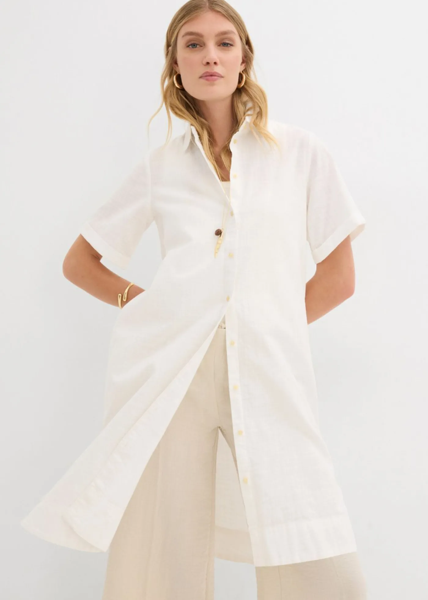 bonprix bonprix Vestido camisero de algodón puro Blanco lana