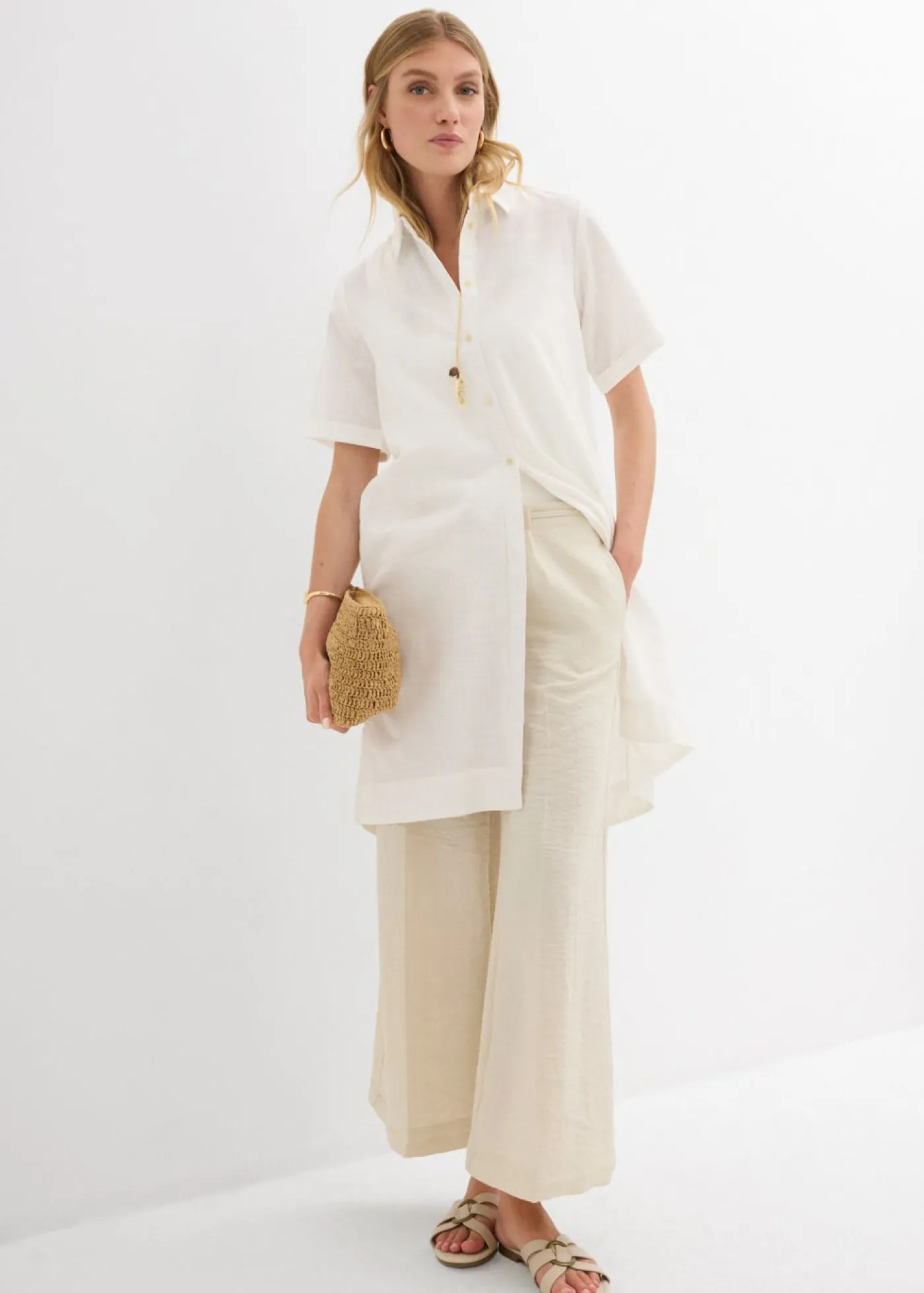 bonprix bonprix Vestido camisero de algodón puro Blanco lana