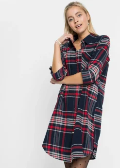 bonprix bonprix Vestido camisero de algodón puro azul marino / rojo / blanco a cuadros