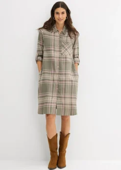 bonprix bonprix Vestido camisero de algodón puro Verde oliva/rosa palo/blanco de cuadros Hot