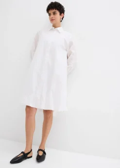 bonprix bonprix Vestido camisero de algodón puro con dobladillo abullonado Blanco Clearance