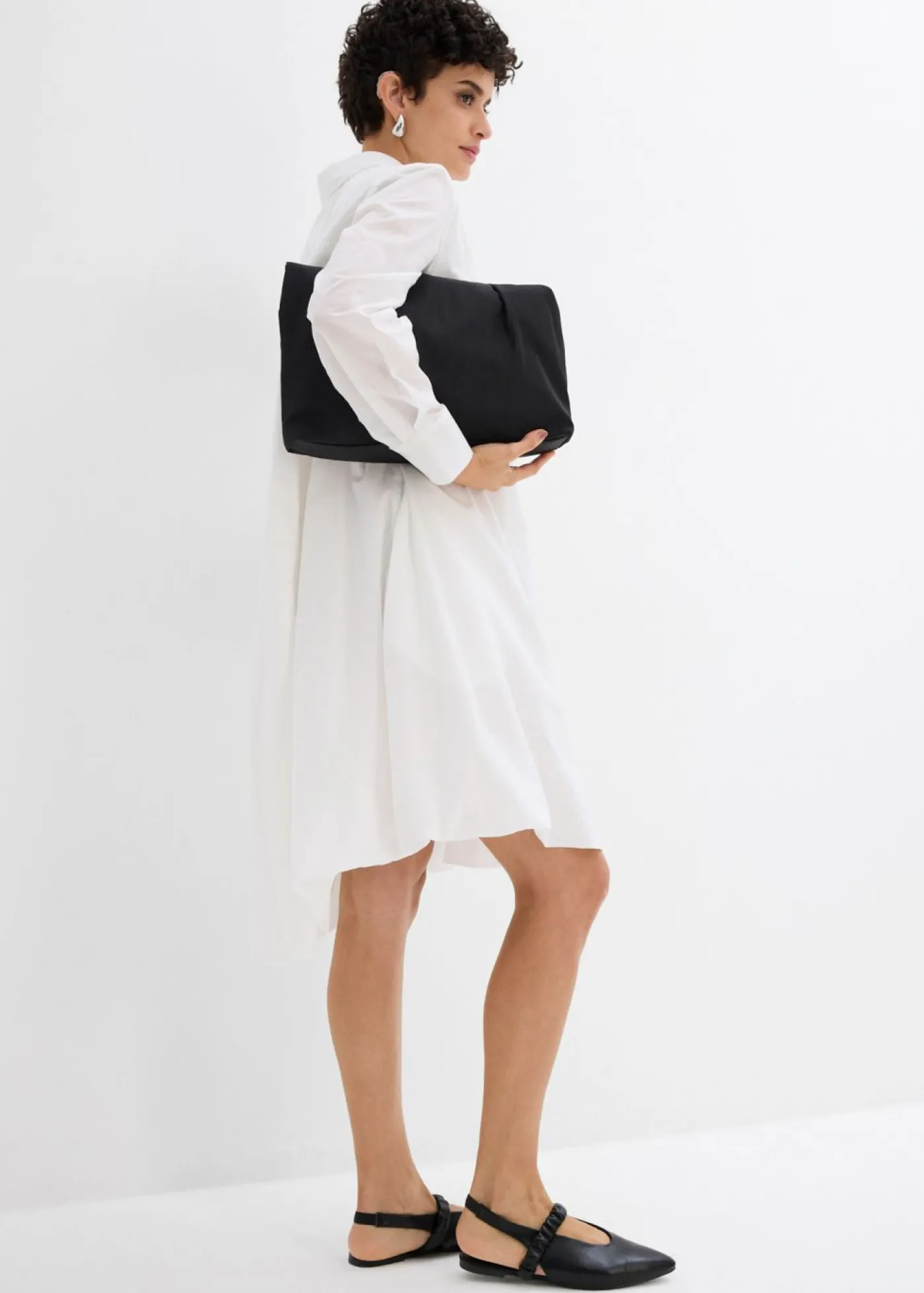 bonprix bonprix Vestido camisero de algodón puro con dobladillo abullonado Blanco Clearance