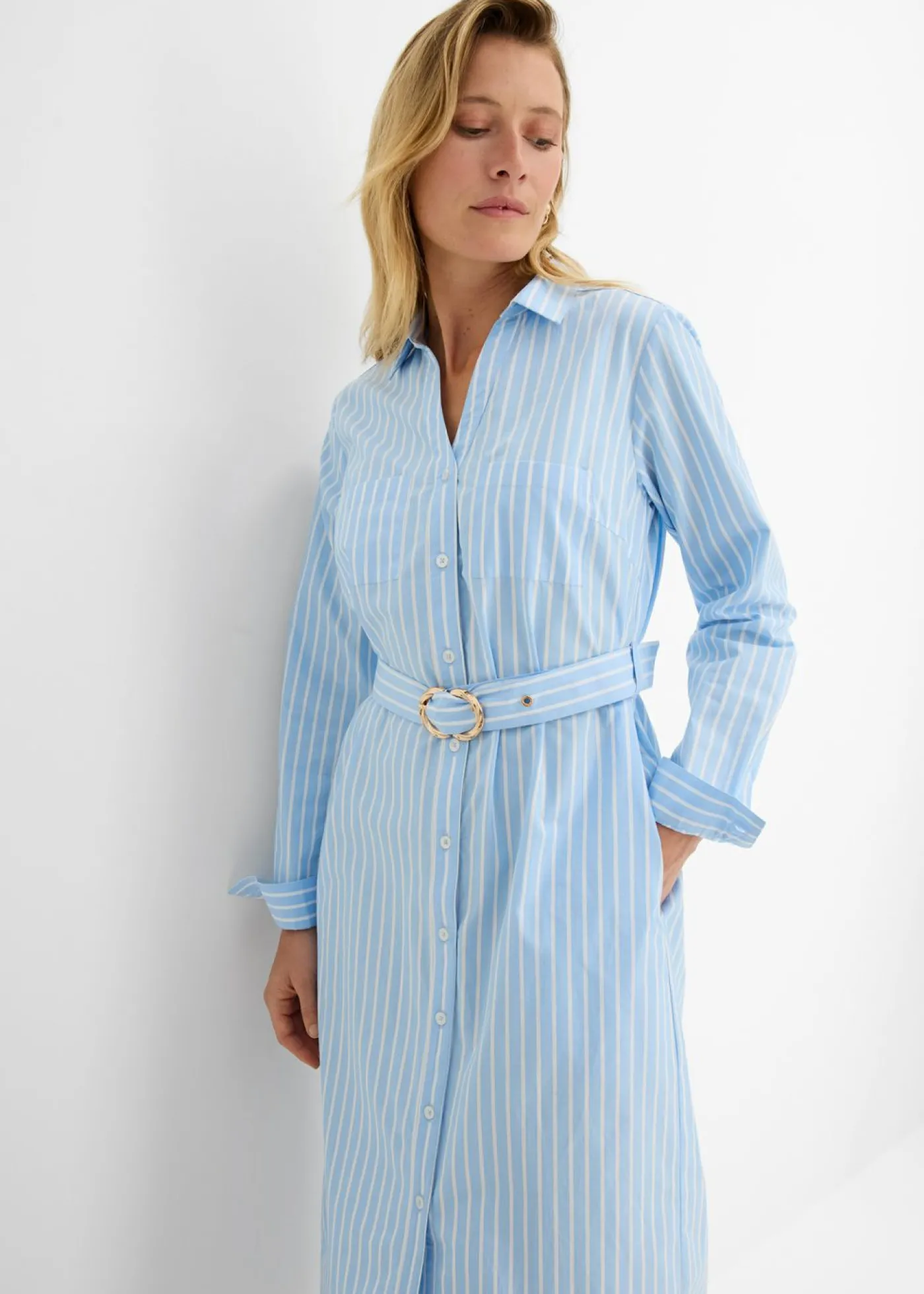 bonprix bonprix Vestido camisero de algodón puro azul claro/blanco con rayas Discount