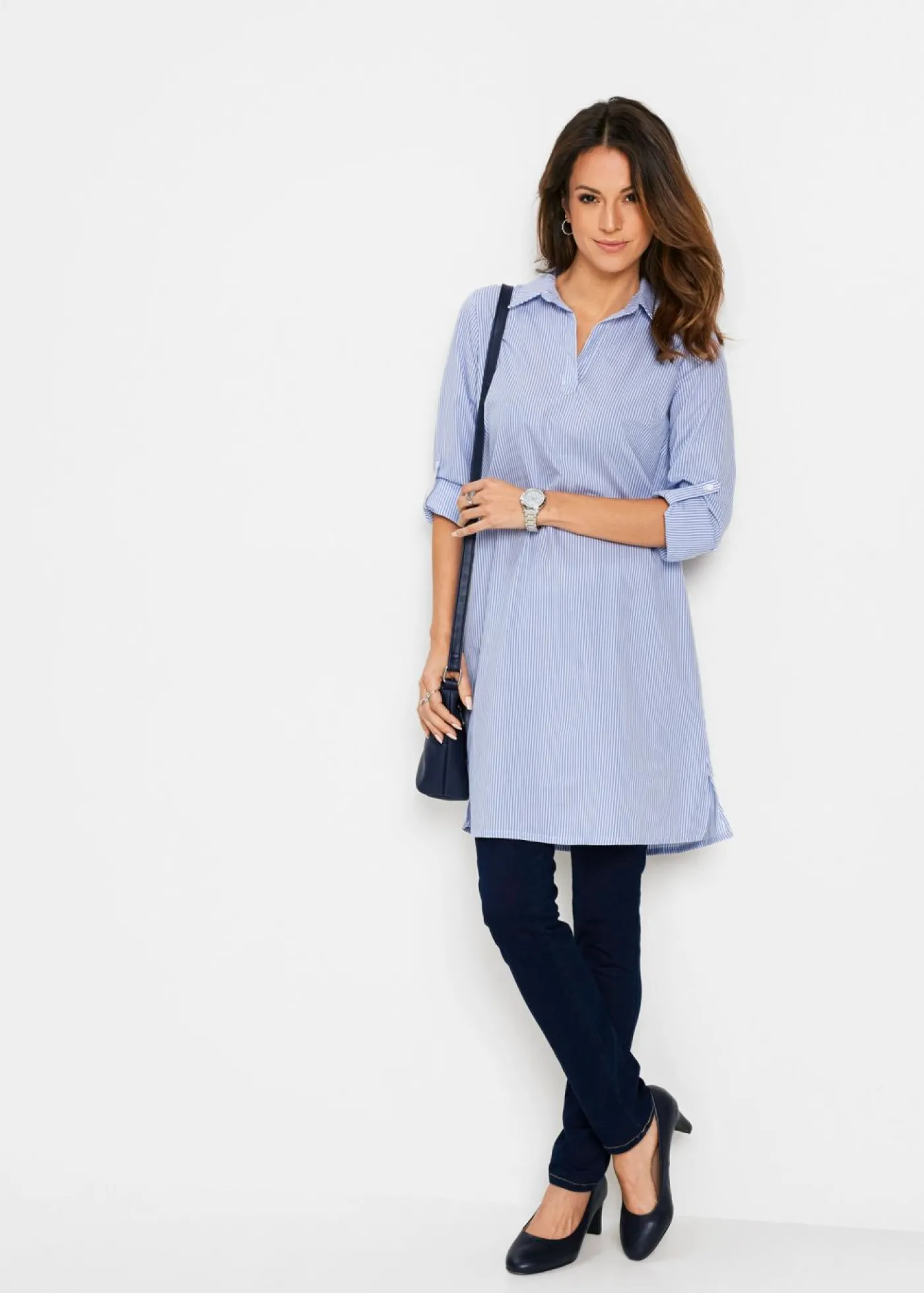 bonprix bonprix Vestido camisero de algodón puro blanco - azul perla a rayas Hot