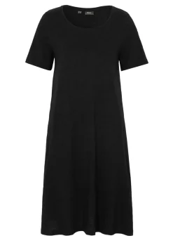 bonprix bonprix Vestido camisero de hilo flameado con bolsillos de algodón, hasta la rodilla Negro
