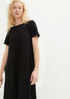 bonprix bonprix Vestido camisero de hilo flameado con bolsillos de algodón, hasta la rodilla Negro