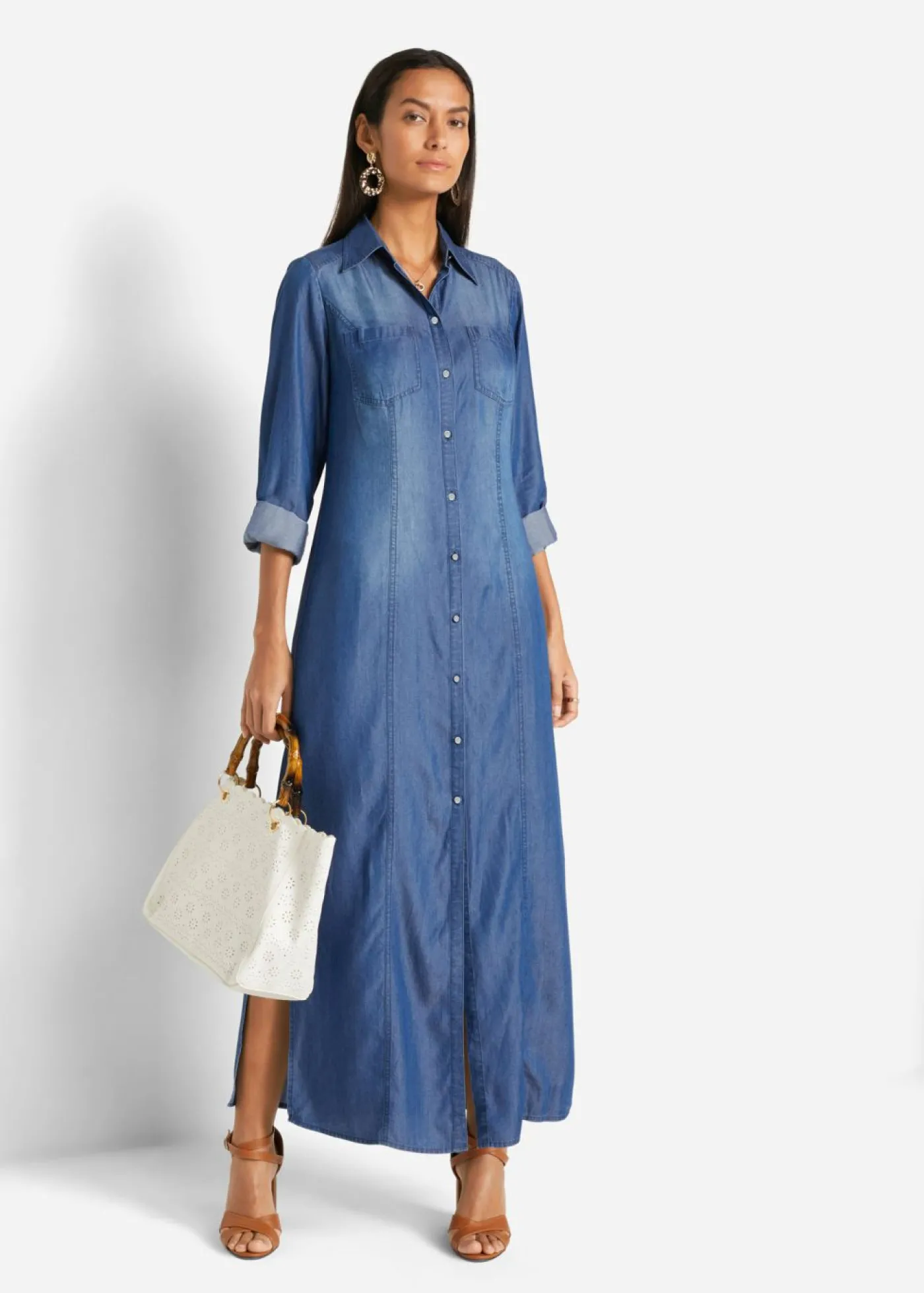 bonprix bonprix Vestido camisero de lyocell TENCEL鈩 Azul piedra Clearance