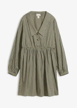 bonprix bonprix Vestido camisero de mezcla de algodón oliva-azul a cuadros Outlet