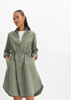 bonprix bonprix Vestido camisero de mezcla de lino y algodón Verde oliva Discount