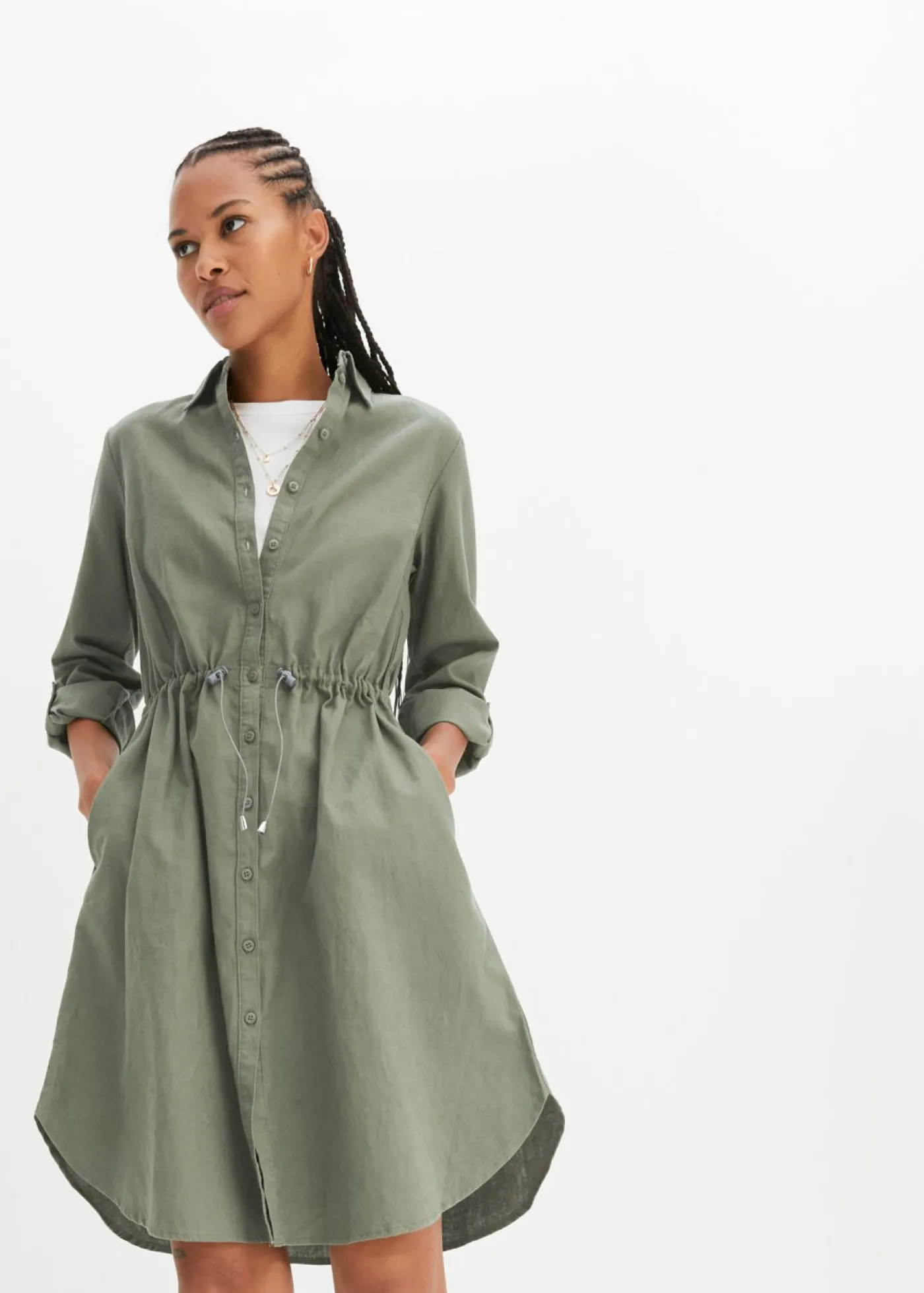 bonprix bonprix Vestido camisero de mezcla de lino y algodón Verde oliva Discount