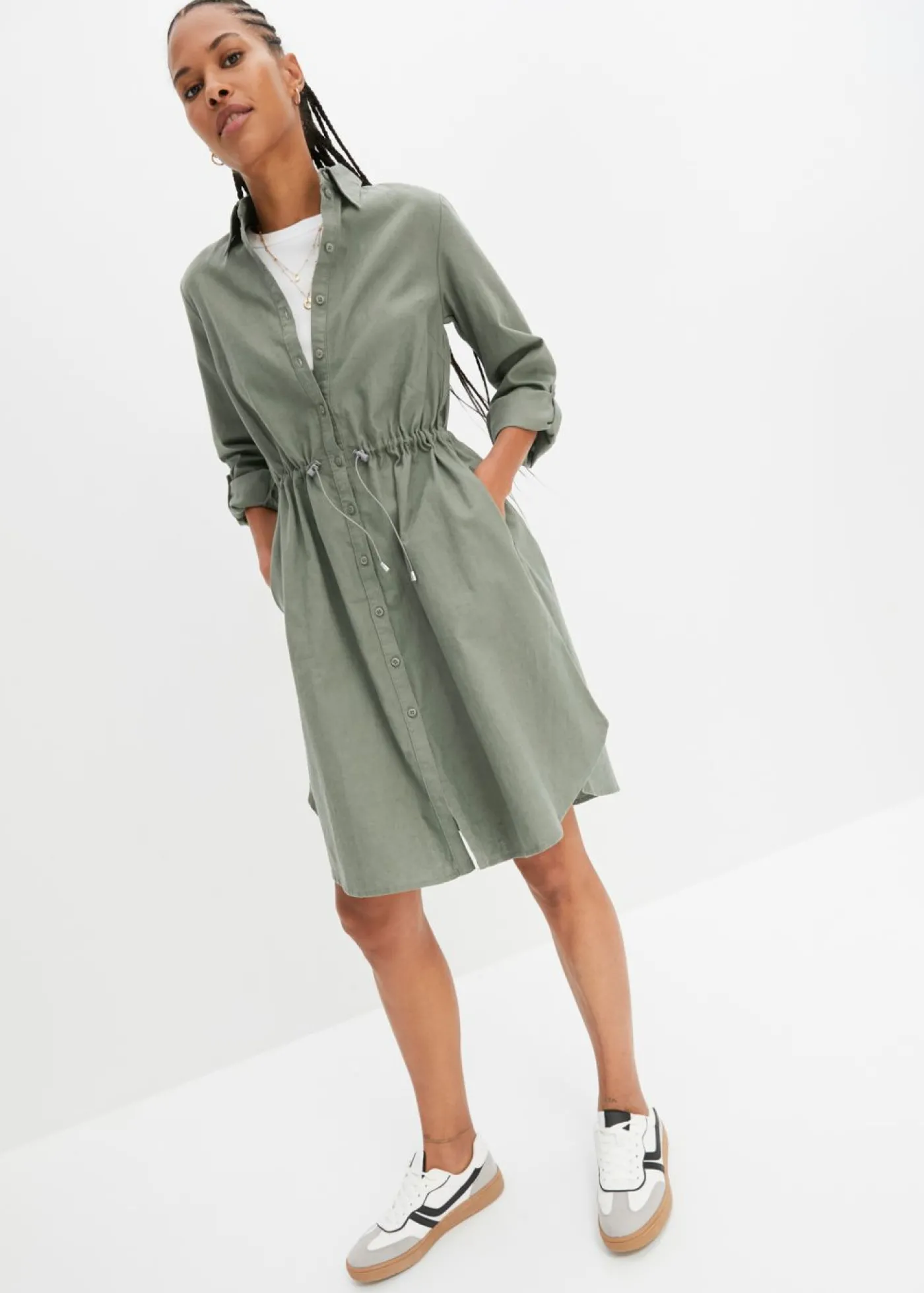 bonprix bonprix Vestido camisero de mezcla de lino y algodón Verde oliva Discount