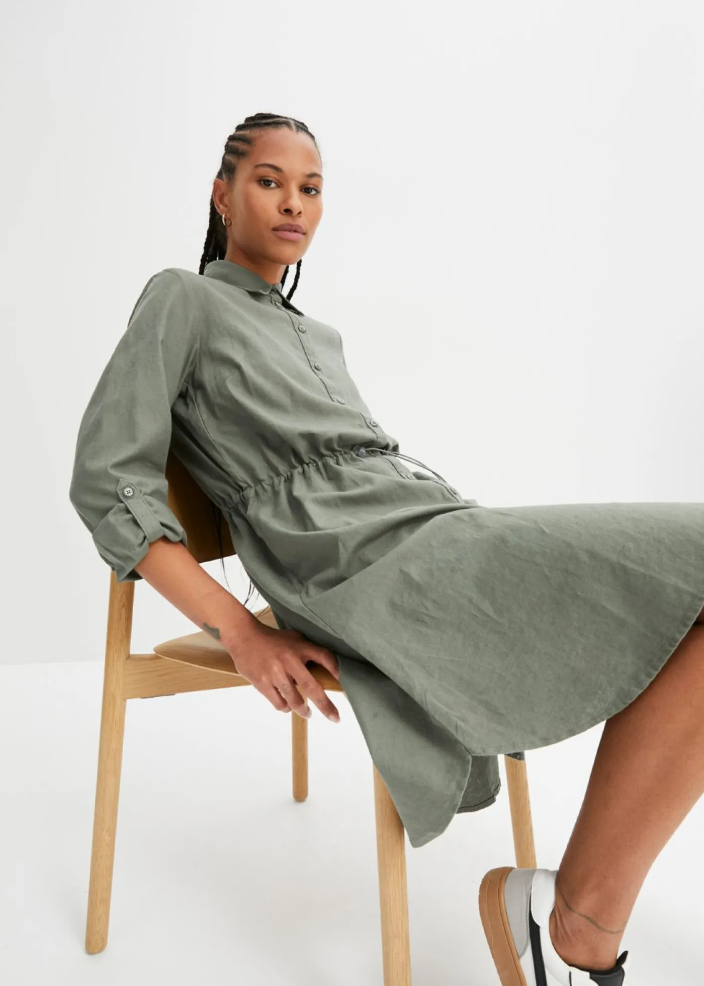 bonprix bonprix Vestido camisero de mezcla de lino y algodón Verde oliva Discount