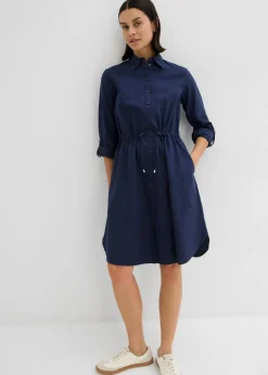 bonprix bonprix Vestido camisero de mezcla de lino y algodón Azul marino Online