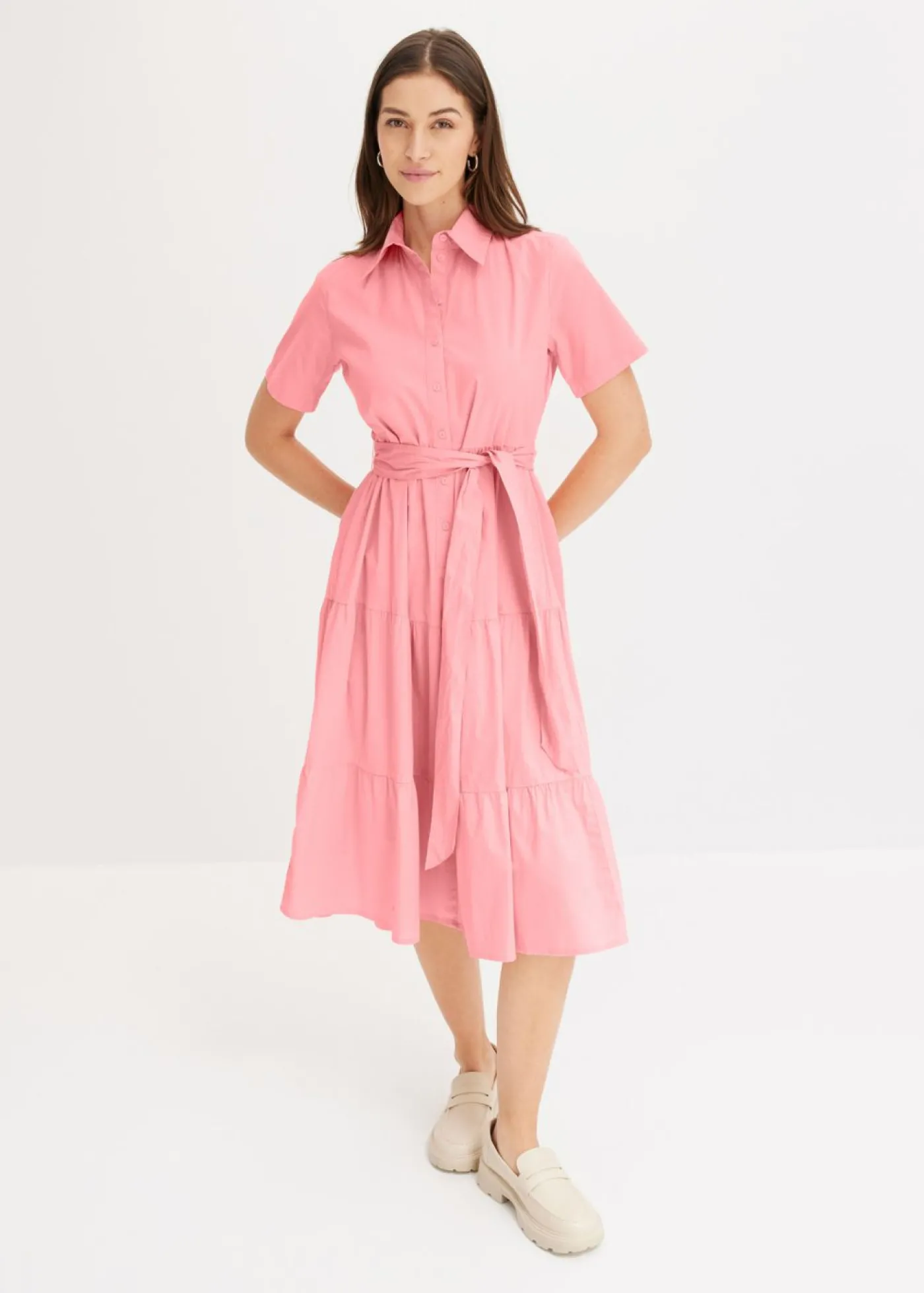 bonprix bonprix Vestido camisero de mezcla de algodón elástico rosa pálido Sale