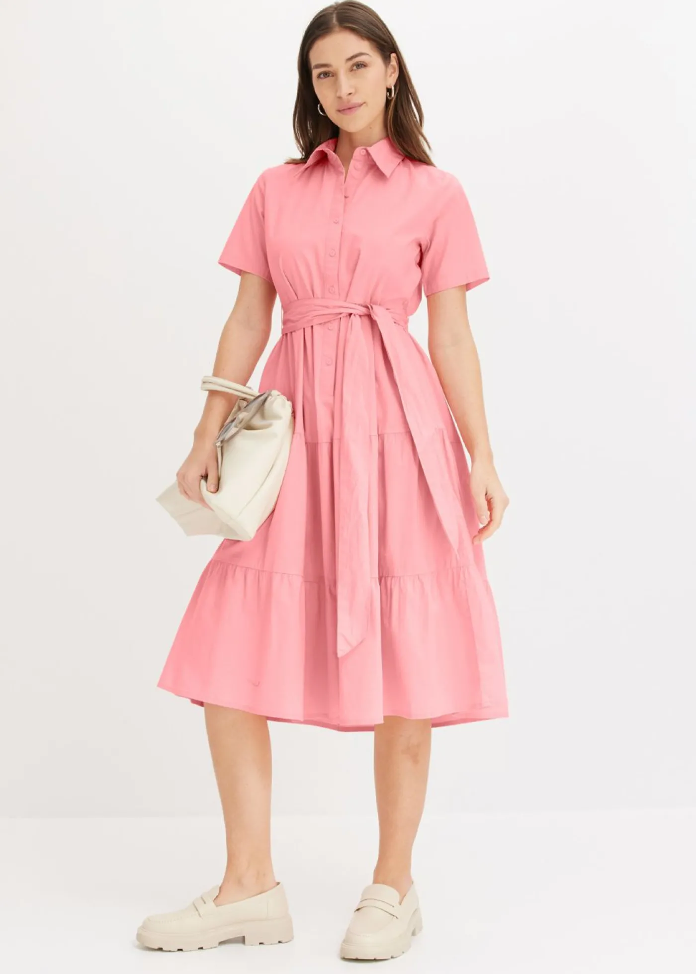 bonprix bonprix Vestido camisero de mezcla de algodón elástico rosa pálido Sale